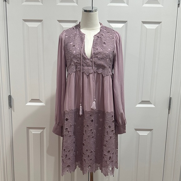 Anthropologie Dresses & Skirts - Anthropologie Mauve Purple Lace Inset Embroidered Boho Mini Tunic Dress Size S